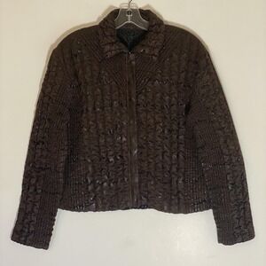 UBU Jacket Womens PL Brown Crinkle Quilted Textured Full Zip Collared Petite